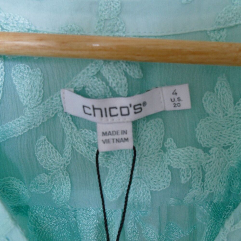 Chico’s NWT Soutache Embroidered Tunic Blouse Balloon Sleeve Teal Waters Sz 4 - Picture 5 of 8